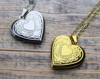 18K Heart Locket Necklace with Photo, Heart Photo Locket, Vintage Locket Necklace, Sibling, Best Friend, Personalized gift for her, mom gift