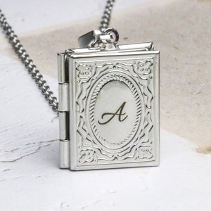 Silver Book Locket Necklace, Locket with Photo, Engraved Necklace for Sister, Initial Necklace, Personalized gift for her, mom grandma gift