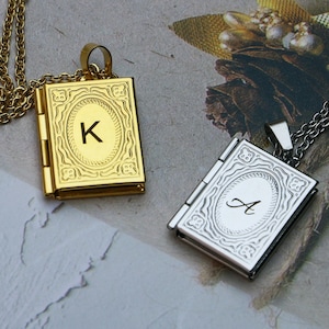 Custom Book Locket Necklace, Locket with Photo, Engraved Necklace for Sister, Initial Necklace, Personalized gift for her, mom grandma gift