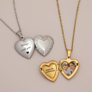 Personalized Heart Locket Necklace Gold or Silver Stainless Steel with Photo Gift for Mom Birthday Gift for Her