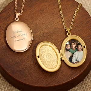 Collar con medallón y foto, collar ovalado grabado, collar con foto en oro, joyería conmemorativa, regalo de aniversario, regalo para mamá, regalo personalizado
