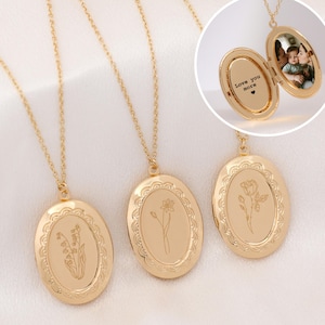 Locket Necklace with Birth Flower, Custom Engraved Bouquet Locket, Handwriting Locket Necklace with Photo, Memorial Gift for Christmas/Mom