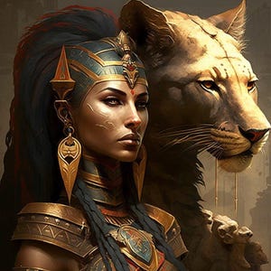 Op de afbeelding: Een vrouw met donker haar en gouden sieraden draagt een blauwe en gouden hoofdtooi. Ze staat naast een grote, gouden leeuw met een woeste uitdrukking.