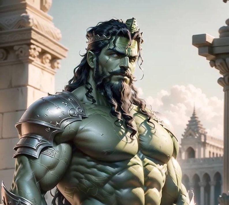 Puede incluir: Una figura musculosa de piel verde, con cabello largo y negro y barba, que lleva una armadura de hombro plateada, se encuentra frente a un fondo de cielo nublado y un edificio con columnas.