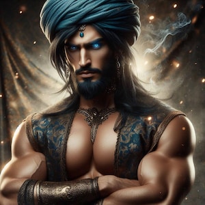 May include: A digital illustration of a muscular figure with blue eyes and a teal turban. The figure wears a vest with gold and teal patterns, a gold necklace, and gold armbands. The background is dark with glowing particles.