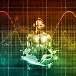 May include: A person wearing headphones sits in a meditative pose against a colorful grid background with wavy lines.