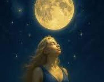 Puede incluir: Una representación artística de una mujer con cabello rubio mirando una luna llena en un cielo nocturno azul oscuro lleno de estrellas. La mujer lleva una blusa azul sin mangas.