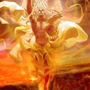 May include: A golden angel with large white wings, a crown, and flowing hair, descends from the sky with a fiery background.