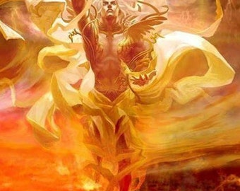 May include: A golden angel with large white wings, a crown, and flowing hair, descends from the sky with a fiery background.