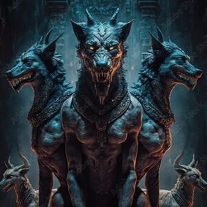 Könnte beinhalten: Eine dreiköpfige Wolfs-Kreatur mit leuchtenden Augen und scharfen Zähnen, die vor einer dunklen, verzierten Tür steht. Die Kreatur hat einen muskulösen, menschenähnlichen Oberkörper und ist von zwei kleineren, wolfartigen Kreaturen umgeben.