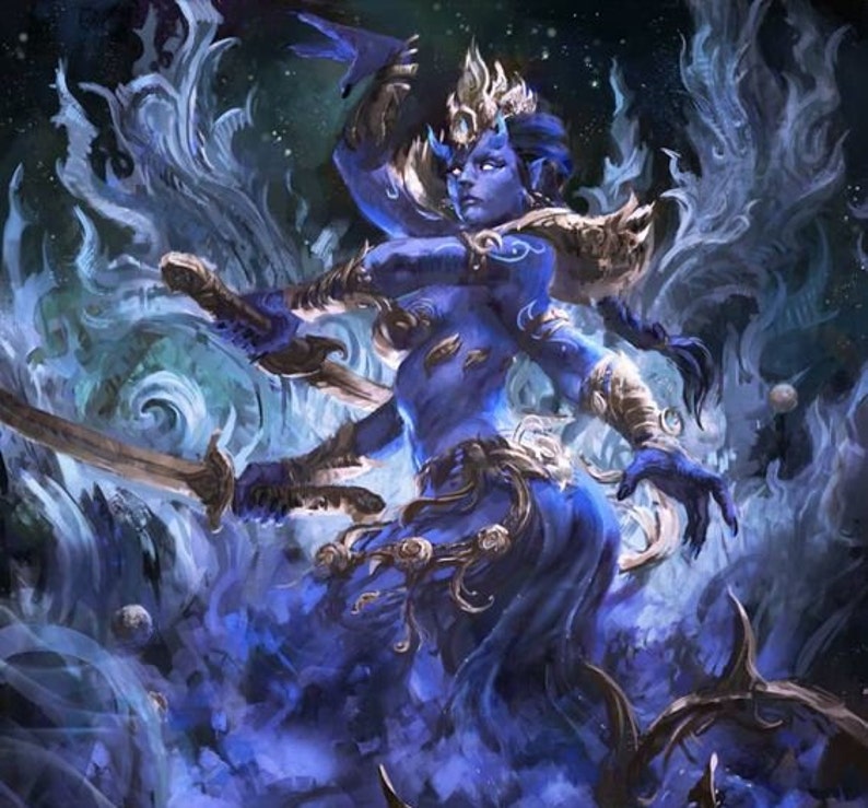 May include: A digital painting of a blue-skinned figure with multiple arms, adorned with gold jewelry and a crown. The figure holds swords and is surrounded by swirling blue energy, set against a starry background. The artwork has a fantasy theme.