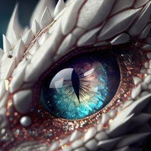 Peut inclure: Gros plan sur l'&oelig;il d'un dragon blanc avec un iris bleu, vert et violet. L'&oelig;il est entour&eacute; d'&eacute;cailles et a une bordure rouge.