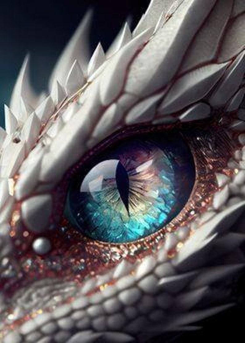 Peut inclure: Gros plan sur l'&oelig;il d'un dragon blanc avec un iris bleu, vert et violet. L'&oelig;il est entour&eacute; d'&eacute;cailles et a une bordure rouge.