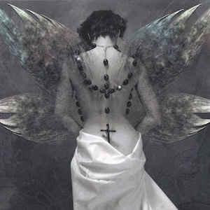 May include: A grayscale image of a person with large, detailed wings. A rosary is draped down the person's back, and a cross tattoo is visible. The person is wearing a white garment.