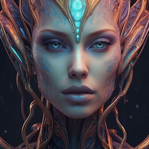 May include: A woman with blue eyes and a gold and blue patterned face. The pattern is intricate and includes a large, central, blue gem. The woman's neck and shoulders are adorned with a gold and blue patterned design.