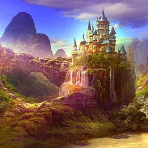 Könnte beinhalten: Ein märchenhaftes Schloss thront auf einer Klippe mit einem Wasserfall, der an der Seite herunterstürzt. Üppiges Grün umgibt das Schloss, im Hintergrund Berge.
