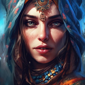 May include: A woman with blue eyes and dark hair wears a blue and orange headscarf with a gold and blue jeweled ornament. She is wearing a turquoise and gold necklace.