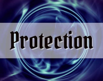 May include: A swirling blue and purple background with the word "Protection" in a bold, black, gothic font.