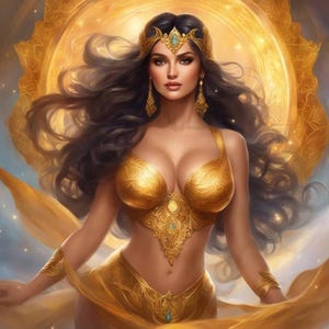 May include: A woman with long dark hair wears a gold and turquoise crown and a gold, ornate, low-cut top. She is wearing a gold and turquoise jeweled belt and a gold, flowing scarf.