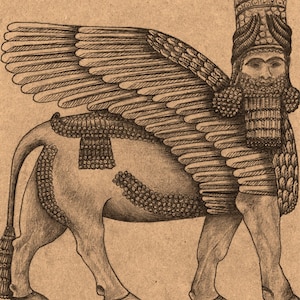 May include: A pencil drawing of a Lamassu, a protective deity from ancient Mesopotamian culture. The creature has the body of a bull, wings, and a human head with a detailed headdress and beard. The artwork is rendered in shades of brown.