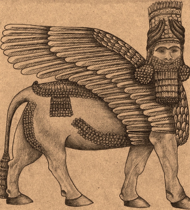May include: A pencil drawing of a Lamassu, a protective deity from ancient Mesopotamian culture. The creature has the body of a bull, wings, and a human head with a detailed headdress and beard. The artwork is rendered in shades of brown.