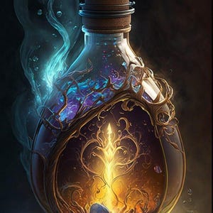 Puede incluir: Una botella de vidrio decorativa con tapón de corcho, con un diseño dorado y ornamental en forma de árbol. La botella contiene un interior brillante y colorido con tonos azules y morados, rodeado de un vapor azul místico.