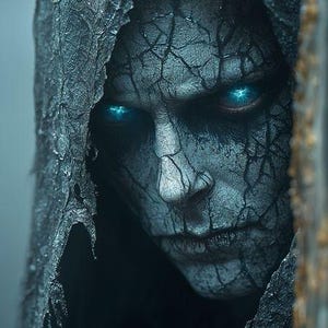 May include: A close-up of a spectral figure with a cracked, textured face and glowing blue eyes. The figure is shrouded in a dark, textured hood, creating a mysterious and ominous atmosphere. The image evokes a fantasy or horror theme.