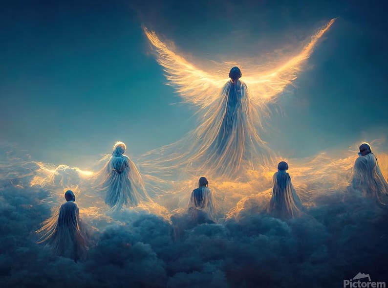 May include: A group of figures in white robes stand on clouds, with a single figure with large wings in the center. The figures are surrounded by a golden glow.