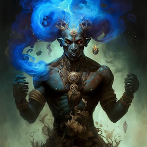 May include: A digital art illustration of a muscular humanoid figure with blue skin and fiery orange eyes. The figure has ornate gold jewelry and a crown of antlers. Blue smoke emanates from the head, creating a mystical and fantasy theme.