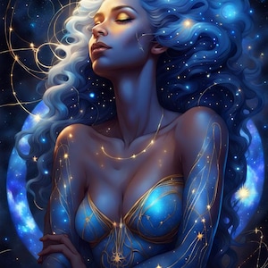 May include: A digital illustration of a figure with flowing blue hair and skin, adorned with glowing golden constellations and star patterns. The figure wears a blue bodice with gold line details against a dark, starry cosmic background.