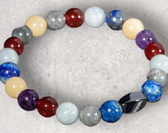 Pulsera con signos del zodíaco: aguamarina, amatista, calcita, ágata roja, labradorita, lapislázuli - piedras preciosas genuinas certificadas