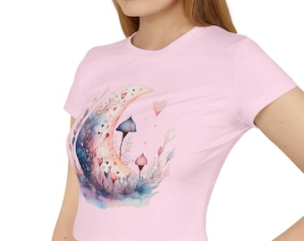 Whimsical Moon Crop Top: Organic Cotton Slim Fit Tee