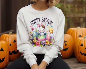 Sudadera con conejito de Pascua pastel - Camiseta con huevo y pollito de Pascua - Sudadera para las fiestas de primavera