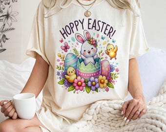 Camiseta de conejito de Pascua alegre y pastel - Camiseta con huevo y pollito de Pascua - Camiseta de primavera