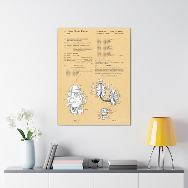Mr. Potato Head Design Patent Art | Framed Canvas Print | Fun & Unique Wall Decoration for Game Room or Kids Room | Patent # 6257948