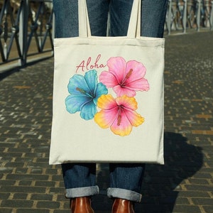 Floral Hawaii Tote Bag: Hibiscus Canvas Shopping Bag