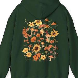 Autumn Fall Hoodie, Wildflowers Hoodie, Pressed Flowers Sweatshirt, Boho Floral Mushrooms Cottagecore Sweater Fall Jacket Nature Lover Gift