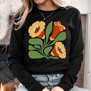 Abstract Floral Long Sleeve Shirt, Scandinavian Folk Art Shirt, Nordic Folkart Tee Shirt, Cottagecore Botanic, Goblincore Crewneck