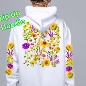 Sunflowers Zip Hoodie, Fall Jacket Fully Zipped, Boho Floral Wildflowers Pressed Flowers Sweatshirt, Autumn Cottagecore Nature Lover Gift