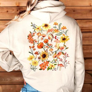 Retro Boho Fall Pressed Flowers Hoodie Vintage Floral Autumn Leaf Sweater Botanical Cottagecore Sweatshirt Green Witch Sunflowers Mushrooms