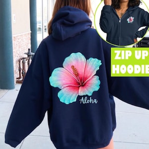 Hibiscus Aloha Hoodie Fully Zipped, Hawaii Sweatshirt, Hawaiian Vacation Floral Jacket With Zipper, Tropical Flower Zip Up Hoodie