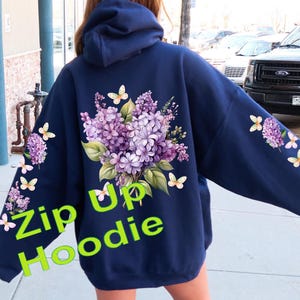 Lila Ärmel Gedruckter Hoodie Reißverschluss, Wildblumen Reißverschluss Hoodie, Boho Floral Reißverschluss Sweatshirt, Naturliebhaber Kapuzen Sweatshirt, Geschenk für Sie