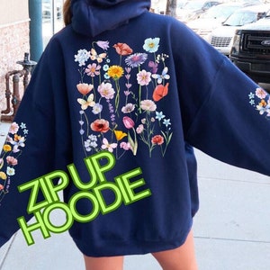 押し花ジップアップパーカー、ワイルドフラワーフルジップパーカー、ボヘミアンプリントスリーブフローラルジップスウェットシャツ、コテージコア自然愛好家へのギフト