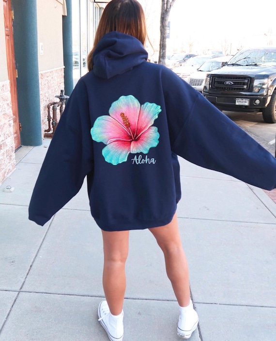 Hibiscus Hoodie, Aloha Sweatshirt, Preppy Hawaii Beach Hoodie, Preppy Christmas Gift for Teen, Tropical Flower Colorful Hibiscus Shirt
