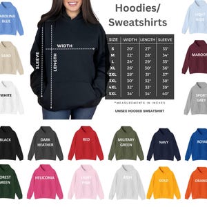 May include: A black hooded sweatshirt displayed with a size chart showing width, length, and sleeve measurements in inches for sizes S through 5XL. The image includes a color palette of twenty-two different hoodie options with labels.