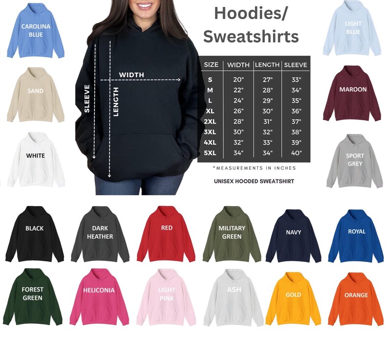 May include: A black hooded sweatshirt displayed with a size chart showing width, length, and sleeve measurements in inches for sizes S through 5XL. The image includes a color palette of twenty-two different hoodie options with labels.