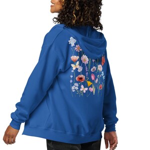 Fall Jacket Zipped, Boho Pressed Flowers Zip Up Hoodie, Wildflowers Full Zip Sweatshirt, Cottagecore Hooded Floral Sweater with Zipper