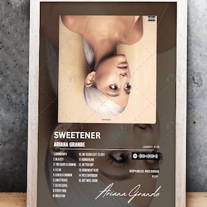 Puede incluir: Una portada de álbum enmarcada para el álbum "Sweetener" de Ariana Grande. La portada del álbum presenta un primer plano de la cara de Ariana Grande, con su cabello peinado en un moño rubio blanco. El título del álbum y el nombre del artista están impresos en texto blanco sobre un fondo negro. La lista de canciones está impresa en texto blanco sobre un fondo gris. La portada del álbum también incluye un código de barras y el logotipo de Spotify.