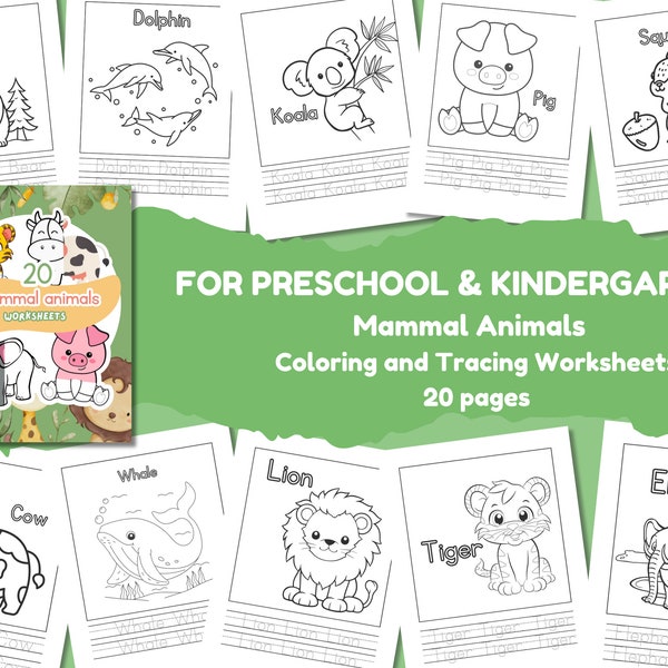 Fun Mammal Coloring Tracing Worksheets Educational Activity for Toddlers & Kids