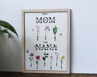 First Mom Now Grandma Sign | Personalized Keepsake Gift | Custom Birth Month Flower Plaque | Mother's Day Gift | Birthday Gift | Nana's Gift